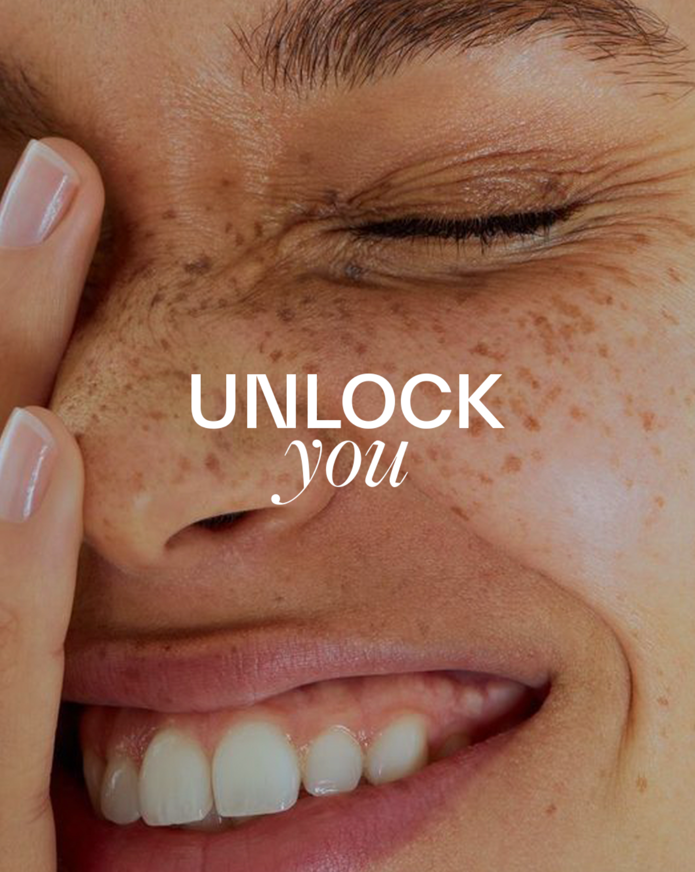 Close-up of a person's face with text 'UNLOCK you' overlayed.